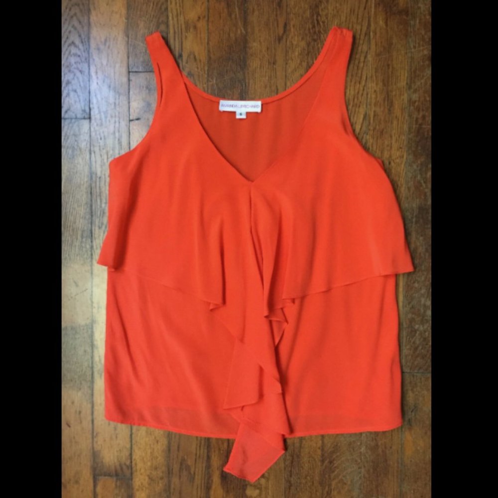 Amanda Uprichard Silk Ruffle Tank Top in Coral Tangerine